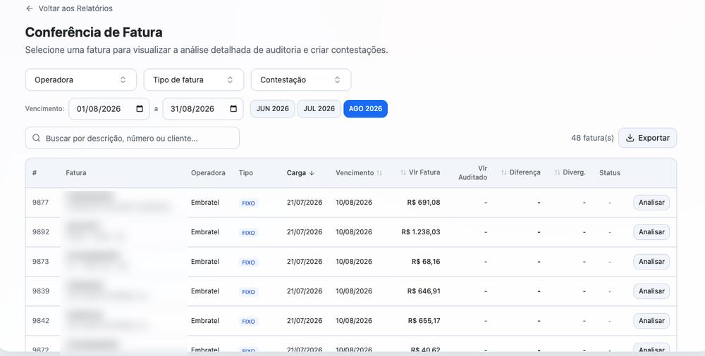 Tela de Conferência de faturas